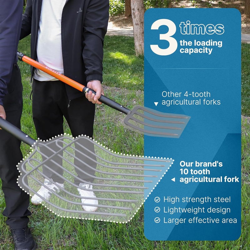CGRNKT 10-Tine Pitch Fork for Gardening, Heavy Duty Manure & Mulch Fork with Fiberglass Handle, Wide Bedding Hay Fork for Compost, Farm, 45 Inch - Image 3